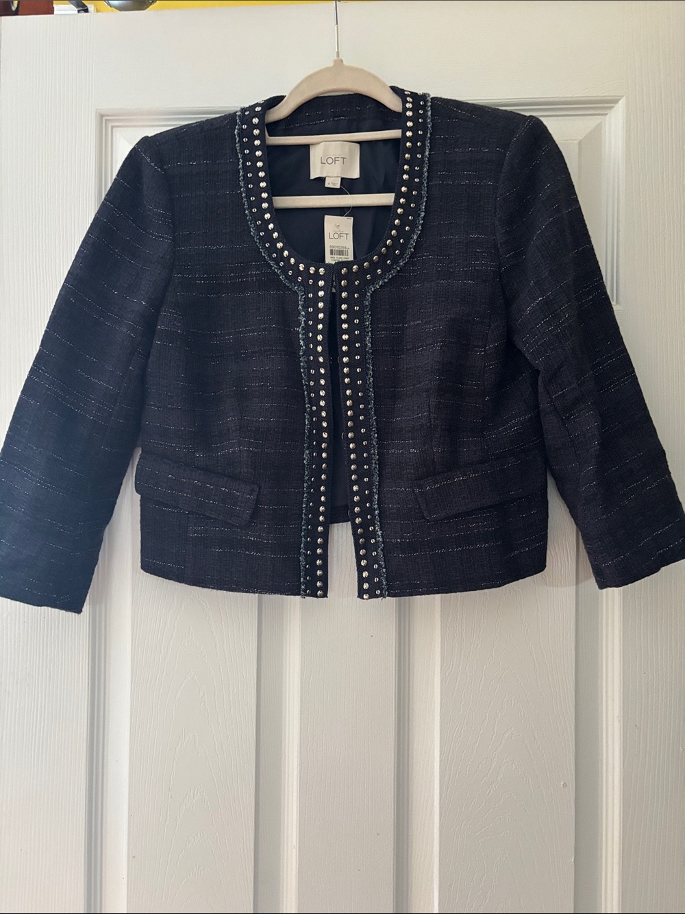 LOFT Navy Pearl-Trim Cropped Blazer